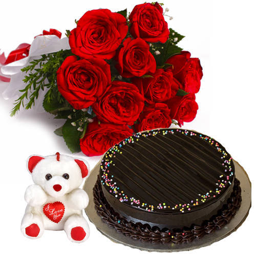 Bright Red Roses Hand Bunch with Choco Truffle Cake & Small Teddy Bright Red Roses Hand Bunch with Choco Truffle Cake & Small Teddy