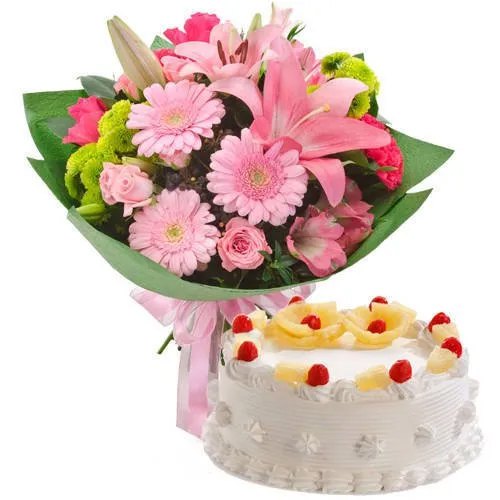 Online Combo of Pineapple Cake with Mixed Flowers Bunch Online Combo of Pineapple Cake with Mixed Flowers Bunch