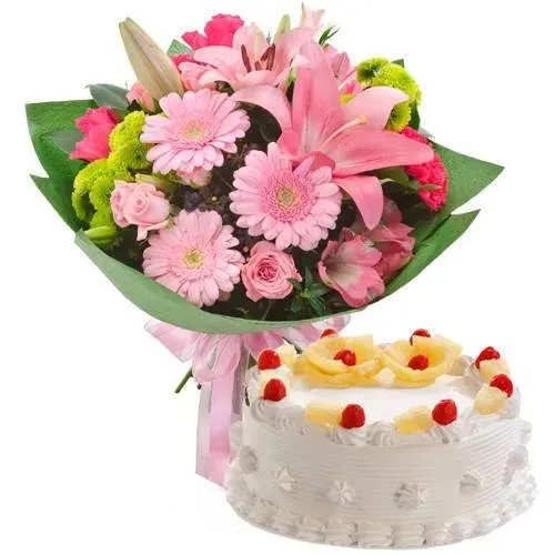 Sending Mixed Flower Bouquet with Pineapple Cake
