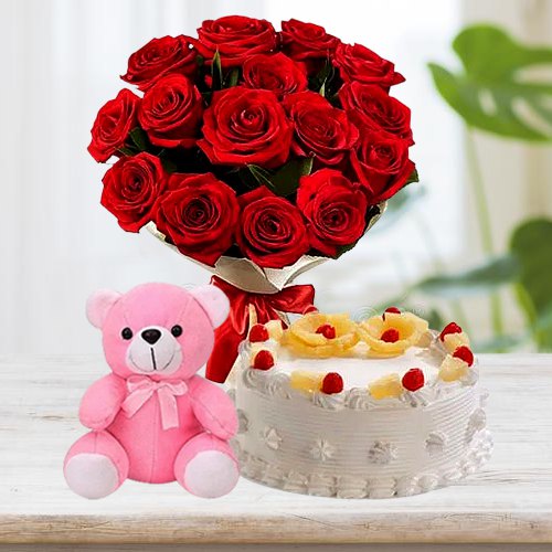 Deliver Online Pineapple Cake Cake with Teddy N Red Roses Bunch Deliver Online Pineapple Cake Cake with Teddy N Red Roses Bunch