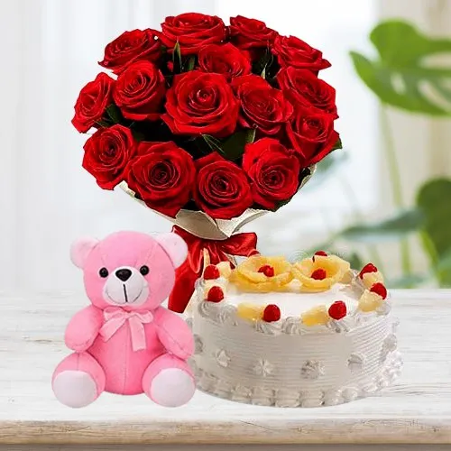 Order Pineapple Cake with Roses Bunch N Teddy 