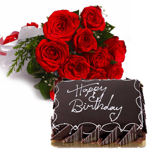 Pristine Bouquet of Red Roses with Eggless Chocos Cake Pristine Bouquet of Red Roses with Eggless Chocos Cake