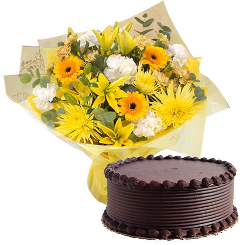 Glorious Mixed Flowers Bunch with Eggless Chocos Cake Glorious Mixed Flowers Bunch with Eggless Chocos Cake