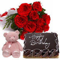 Marvelous Red Rose Hand Bunch with Eggless Chocolaty Cake & Small Teddy Marvelous Red Rose Hand Bunch with Eggless Chocolaty Cake & Small Teddy
