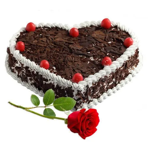 Order Heart-Shaped Black Forest Cake with Single Rose