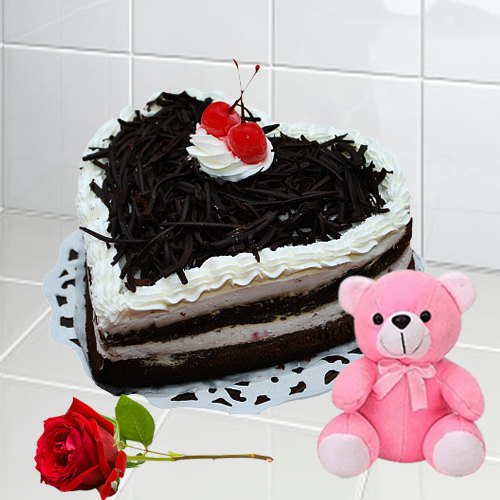 Order Black Forest Cake in Heart Shape with Teddy N Single Rose Online Order Black Forest Cake in Heart Shape with Teddy N Single Rose Online