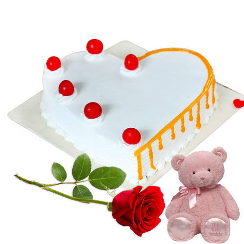 Send Combo of Heart Shape Vanilla Cake with Teddy N Red Rose Online Send Combo of Heart Shape Vanilla Cake with Teddy N Red Rose Online