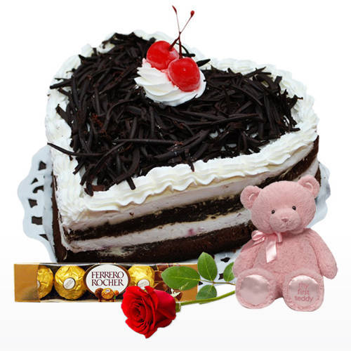 Gift Heart-Shape Black Forest Cake with Red Rose, Ferrero Rocher N Teddy Online Gift Heart-Shape Black Forest Cake with Red Rose, Ferrero Rocher N Teddy Online