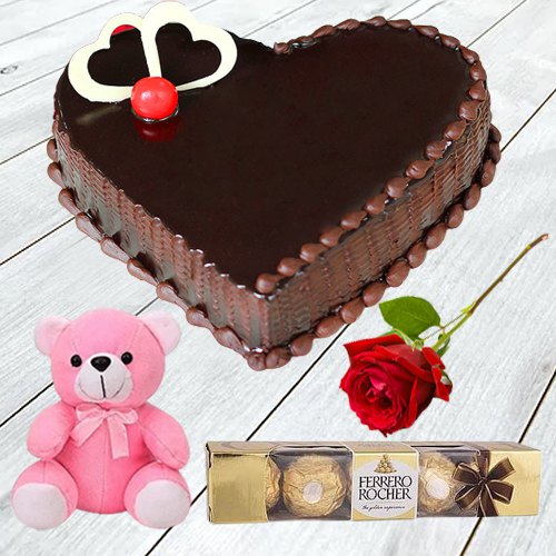 Order Chocolate Cake in Heart-Shape with Teddy, Single Rose N Ferrero Rocher Online Order Chocolate Cake in Heart-Shape with Teddy, Single Rose N Ferrero Rocher Online