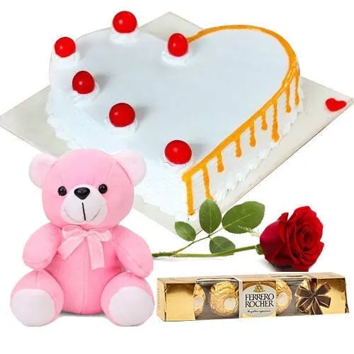 Send Vanilla Cake in Heart Shape with Teddy, Red Rose N Ferrero Rocher Online Send Vanilla Cake in Heart Shape with Teddy, Red Rose N Ferrero Rocher Online