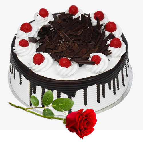 Gift Online Eggless Black Forest Cake with Single Rose Gift Online Eggless Black Forest Cake with Single Rose