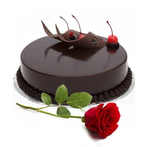 Send Combo of Eggless Chocolate Cake with Single Rose Send Combo of Eggless Chocolate Cake with Single Rose