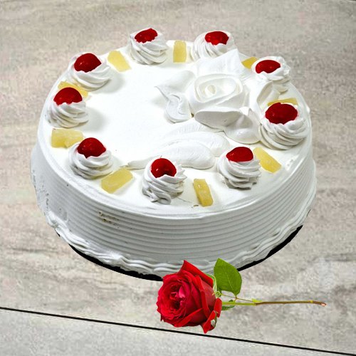 Send Online Eggless Vanilla Cake with Single Rose Send Online Eggless Vanilla Cake with Single Rose