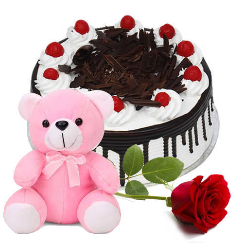 Shop Online Eggless Black Forest Cake with Teddy N Single Rose Shop Online Eggless Black Forest Cake with Teddy N Single Rose