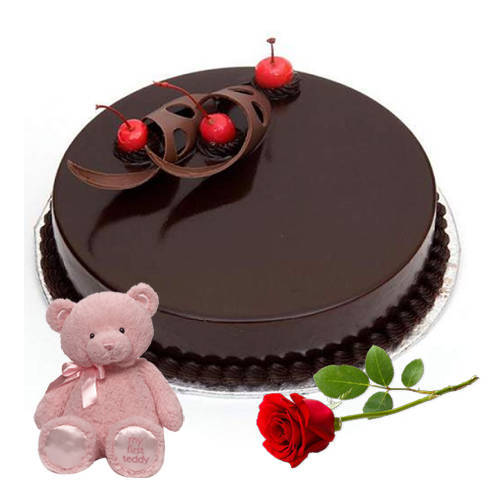 Buy Online Eggless Chocolate Cake with Teddy N Red Rose Buy Online Eggless Chocolate Cake with Teddy N Red Rose