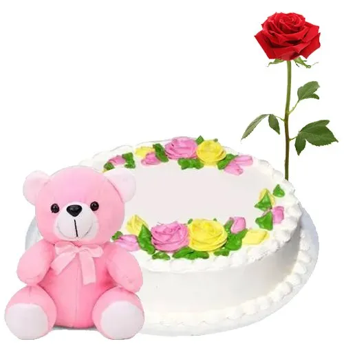 Deliver Eggless Vanilla Cake with Teddy N Rose
