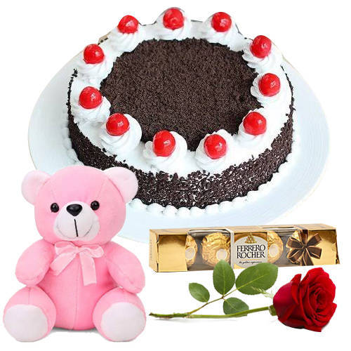Online Order Eggless Black Forest Cake with Red Rose, Teddy N Ferrero Rocher Online Order Eggless Black Forest Cake with Red Rose, Teddy N Ferrero Rocher