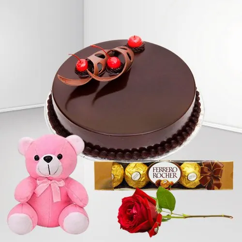 Gift Eggless Chocolate Cake with Teddy, Ferrero Rocher N Rose
