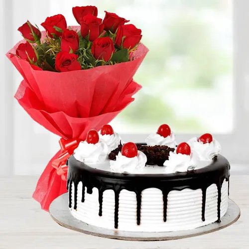 Sumptuous Black Forest Cake with Rose Bouquet