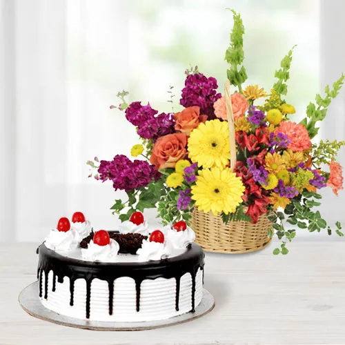 Delectable Black Forest Cake with Mixed Flowers Arrangement