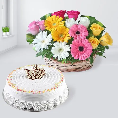 Yummy Vanilla Cake with Mixed Flowers Arrangement