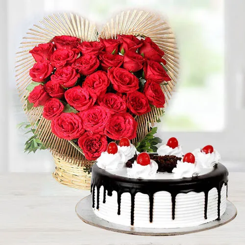 Yummy Black Forest Cake with Red Rose Heart Arrangement