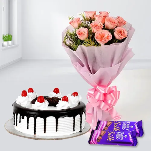 Yummy Black Forest Cake with Rose Bouquet N Cadbury