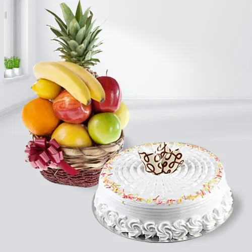 Yummy Vanilla Cake with Fruits Basket