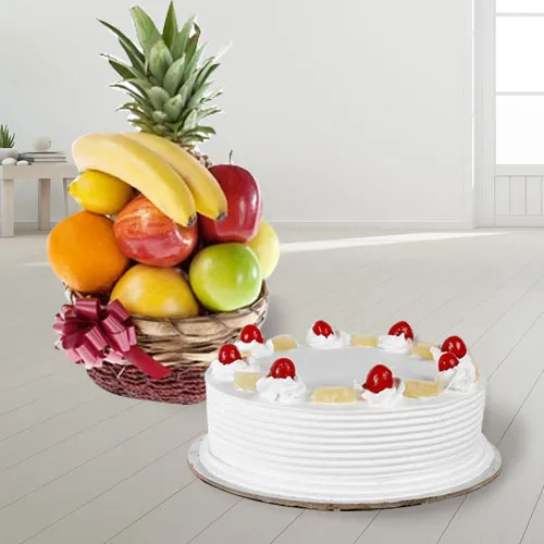 Tasty Pineapple Cake with Fruits Basket