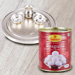 Irresistible Haldiram's 1 Kg. Rasgulla and 5-6 inch Silver Plated Puja Thali Irresistible Haldiram's 1 Kg. Rasgulla and 5-6 inch Silver Plated Puja Thali