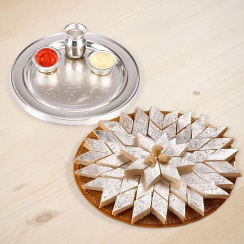 Silver Plated Thali with Haldiram Kaju Katli Silver Plated Thali with Haldiram Kaju Katli
