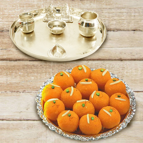 Silver plated Puja Thali with Silver Plated Lakshmi Ganesha with Haldiram’s Pure Ghee Ladoo Silver plated Puja Thali with Silver Plated Lakshmi Ganesha with Haldiram’s Pure Ghee Ladoo