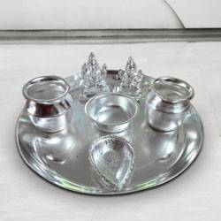 Silver plated Puja Thali with Silver Plated Lakshmi Ganesha Silver plated Puja Thali with Silver Plated Lakshmi Ganesha
