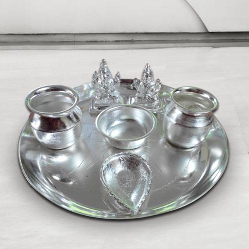 Silver plated Puja Thali with Silver Plated Lakshmi Ganesha Silver plated Puja Thali with Silver Plated Lakshmi Ganesha