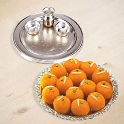 Silver Plated Thali with Motichur Laddu from Haldiram Silver Plated Thali with Motichur Laddu from Haldiram