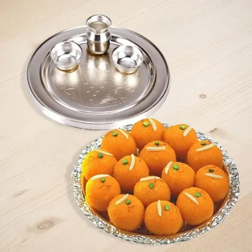 Silver Plated Thali with Motichur Laddu from Haldiram