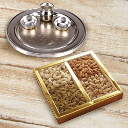 Silver Plated Puja Thali with Assorted Dry Fruits Silver Plated Puja Thali with Assorted Dry Fruits