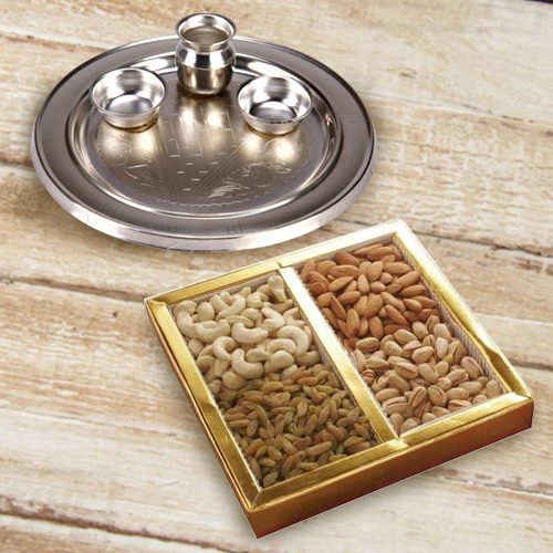 Silver Plated Puja Thali with Assorted Dry Fruits Silver Plated Puja Thali with Assorted Dry Fruits