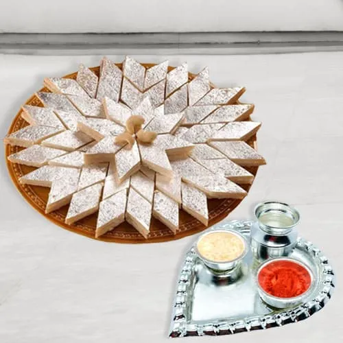 Silver Plated Paan Shaped Puja Aarti Thali (weight 52 gms) with Haldiram Kaju Katli