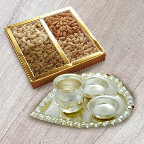 Silver Plated Paan Shaped Puja Aarti Thali (weight 52 gms) with Assorted Dry Fruits Silver Plated Paan Shaped Puja Aarti Thali (weight 52 gms) with Assorted Dry Fruits