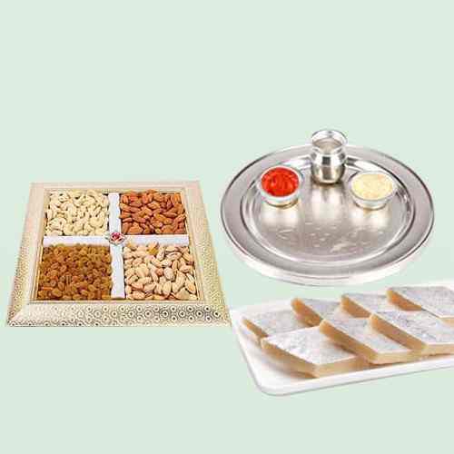 Special Silver Plated Puja Thali with Assorted Dry fruits with Haldiram Kaju Katli Special Silver Plated Puja Thali with Assorted Dry fruits with Haldiram Kaju Katli