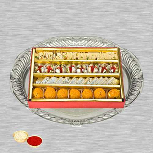 Haldirams Assorted Sweets N Thali with Roli Tilak and Chawal Haldirams Assorted Sweets N Thali with Roli Tilak and Chawal