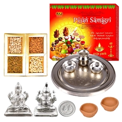 Silver Laxmi Puja Hamper with Dry Fruits for Diwali Silver Laxmi Puja Hamper with Dry Fruits for Diwali