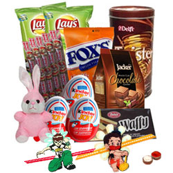 Comforting Snacks Hamper with 2 Kids Rakhi and Roli Tilak Chawal Comforting Snacks Hamper with 2 Kids Rakhi and Roli Tilak Chawal