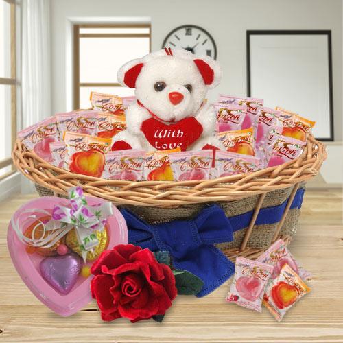 Spectacular Combo of Teddy and Chocolates with 1 Velvet Rose and 3 pcs Heart Homemade Chocolate Spectacular Combo of Teddy and Chocolates with 1 Velvet Rose and 3 pcs Heart Homemade Chocolate
