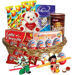 Comforting Kids Chocolates with 2 Kids Rakhi and Roli Tilak Chawal Comforting Kids Chocolates with 2 Kids Rakhi and Roli Tilak Chawal