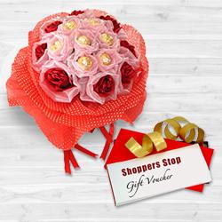 Splendid Gift of Shoppers Stop Gift Voucher worth Rs.1000, 8 Pc. Ferrero Rocher Bouquet and Red Roses Splendid Gift of Shoppers Stop Gift Voucher worth Rs.1000, 8 Pc. Ferrero Rocher Bouquet and Red Roses