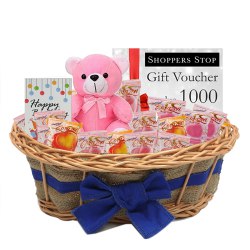 Exciting Combo of Shoppers Stop Gift Voucher worth Rs.1000, Teddy, Corazon Chocolate Basket and Card Exciting Combo of Shoppers Stop Gift Voucher worth Rs.1000, Teddy, Corazon Chocolate Basket and Card