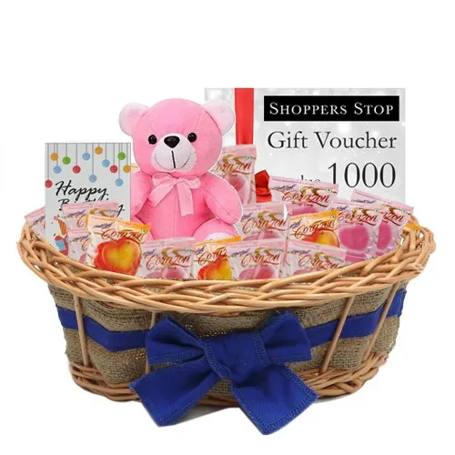 Mesmerizing Shoppers Stop Gift Coupon worth Rs.1000, Lovely Teddy, Corazon Chocolate Basket and Card Gift Set