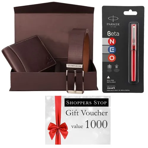 Impressive Present of Rs.1000 Gift Voucher from Shoppers Stop, Parkar Beta Pen and Wallet N Belt Combo Box